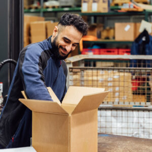 Ein Mitarbeiter beim Verpacken von Titanprodukten.